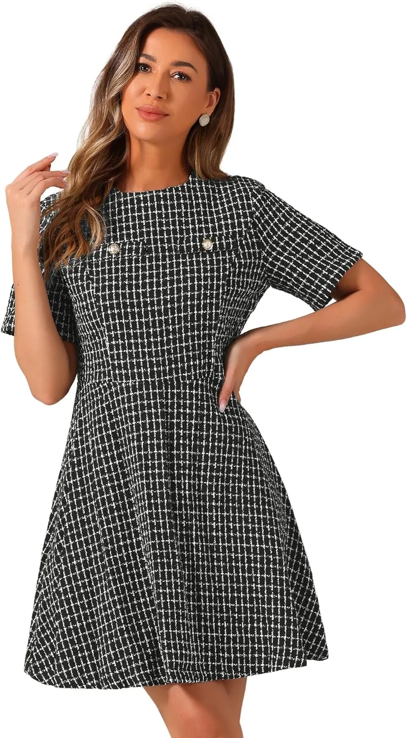 Allegra K Women's Elegant Short Sleeve A-line Dresses Plaid Tweed Dress