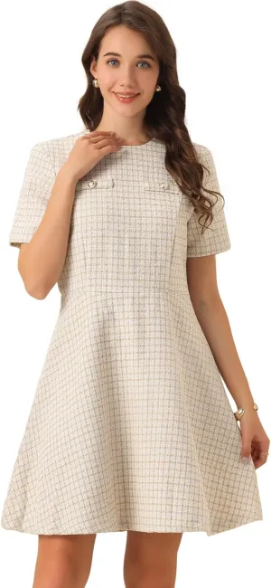 Allegra K Women's Elegant Short Sleeve A-line Dresses Plaid Tweed Dress