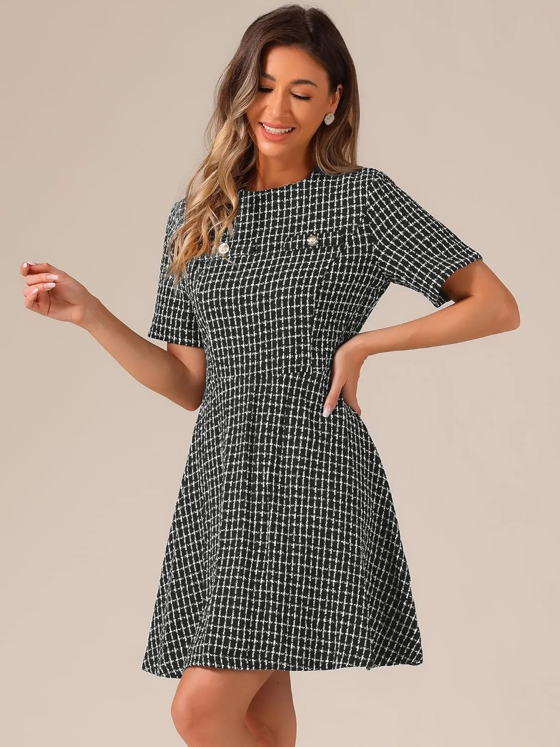 Allegra K Women's Elegant Short Sleeve A-line Dresses Plaid Tweed Dress