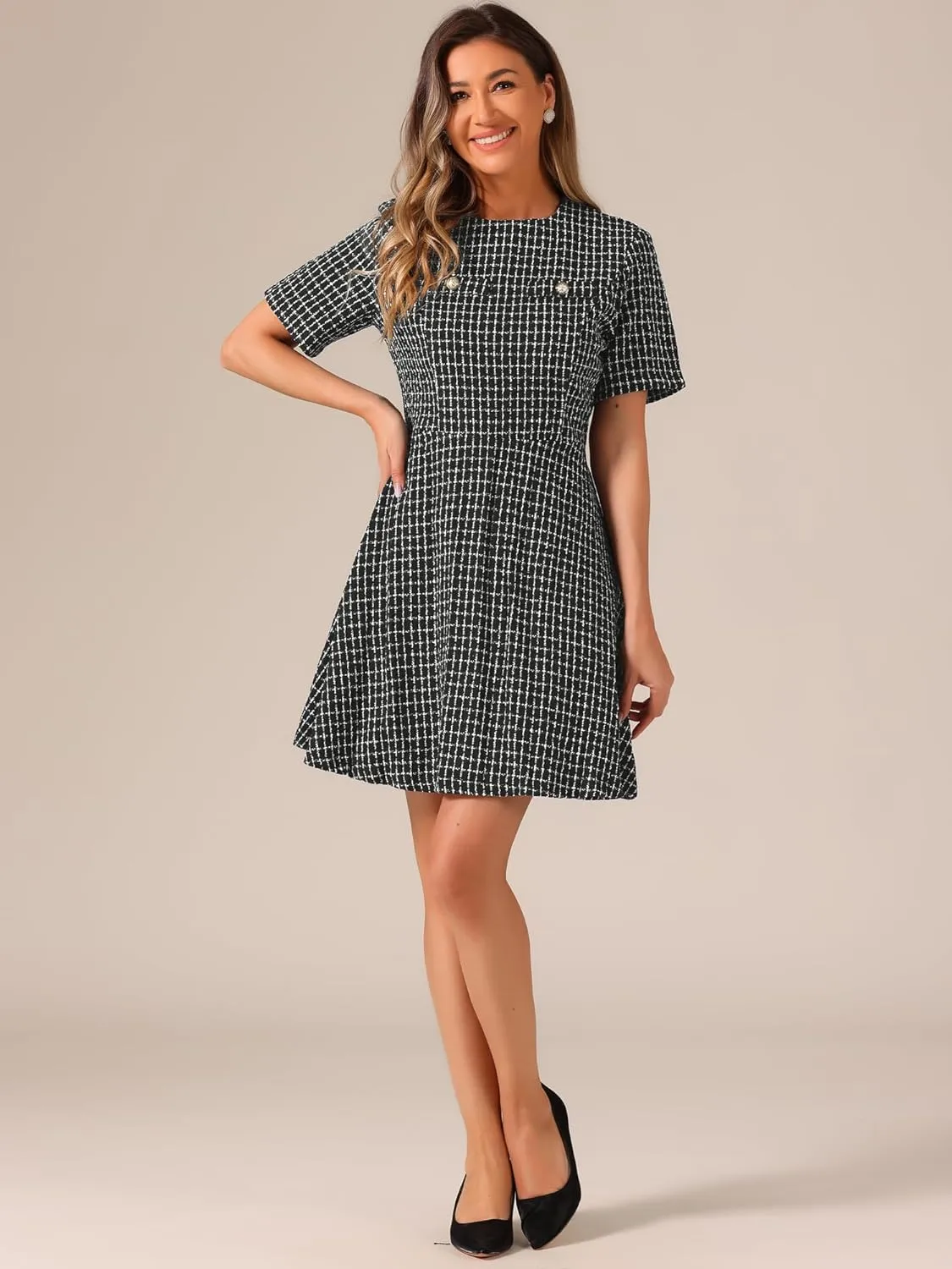 Allegra K Women's Elegant Short Sleeve A-line Dresses Plaid Tweed Dress