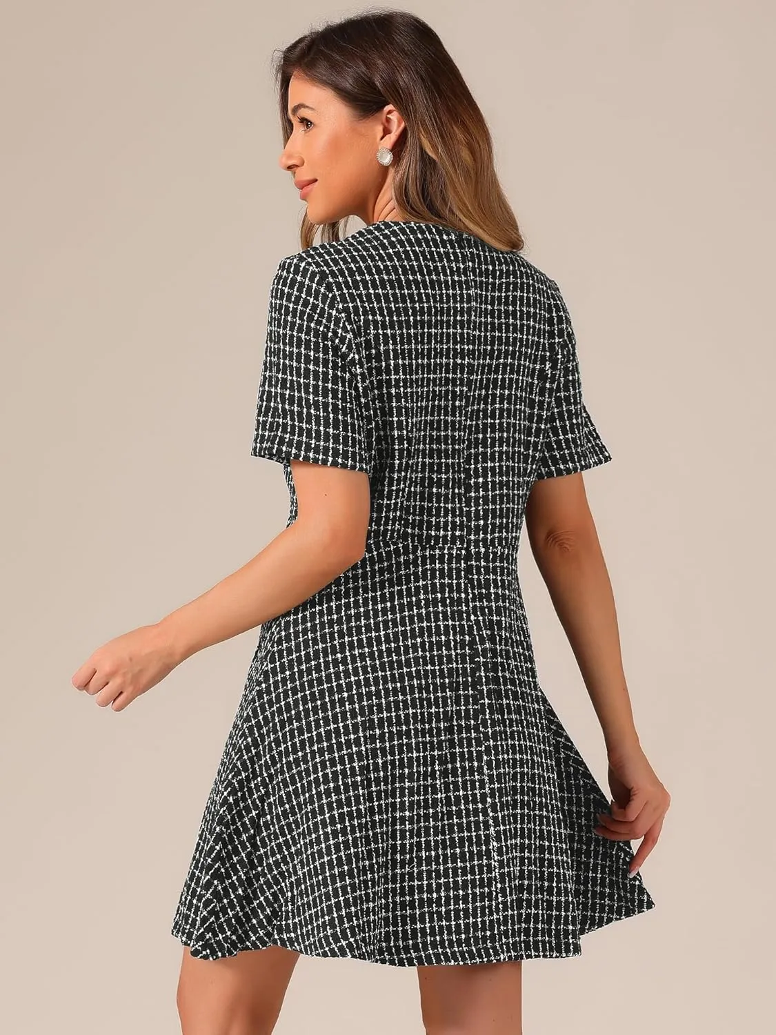 Allegra K Women's Elegant Short Sleeve A-line Dresses Plaid Tweed Dress