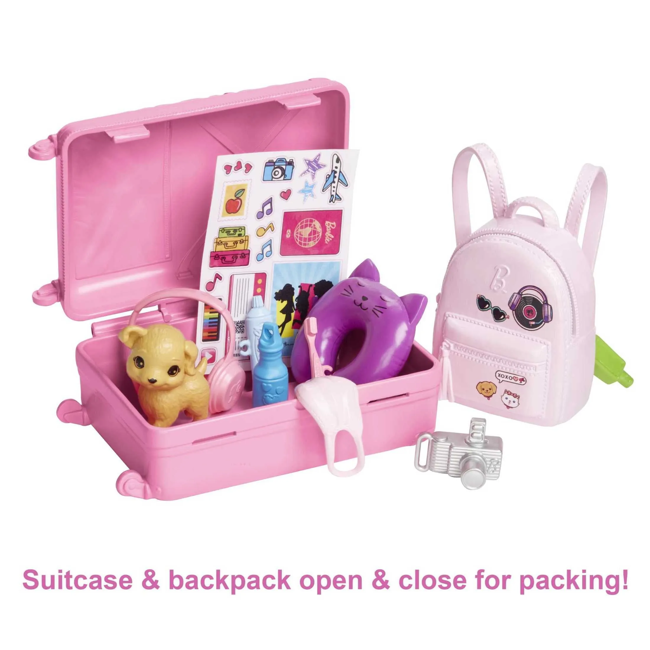 Barbie Doll and Accessories, 'Malibu' Travel Set with Puppy & Working Suitcase, 10 Pieces