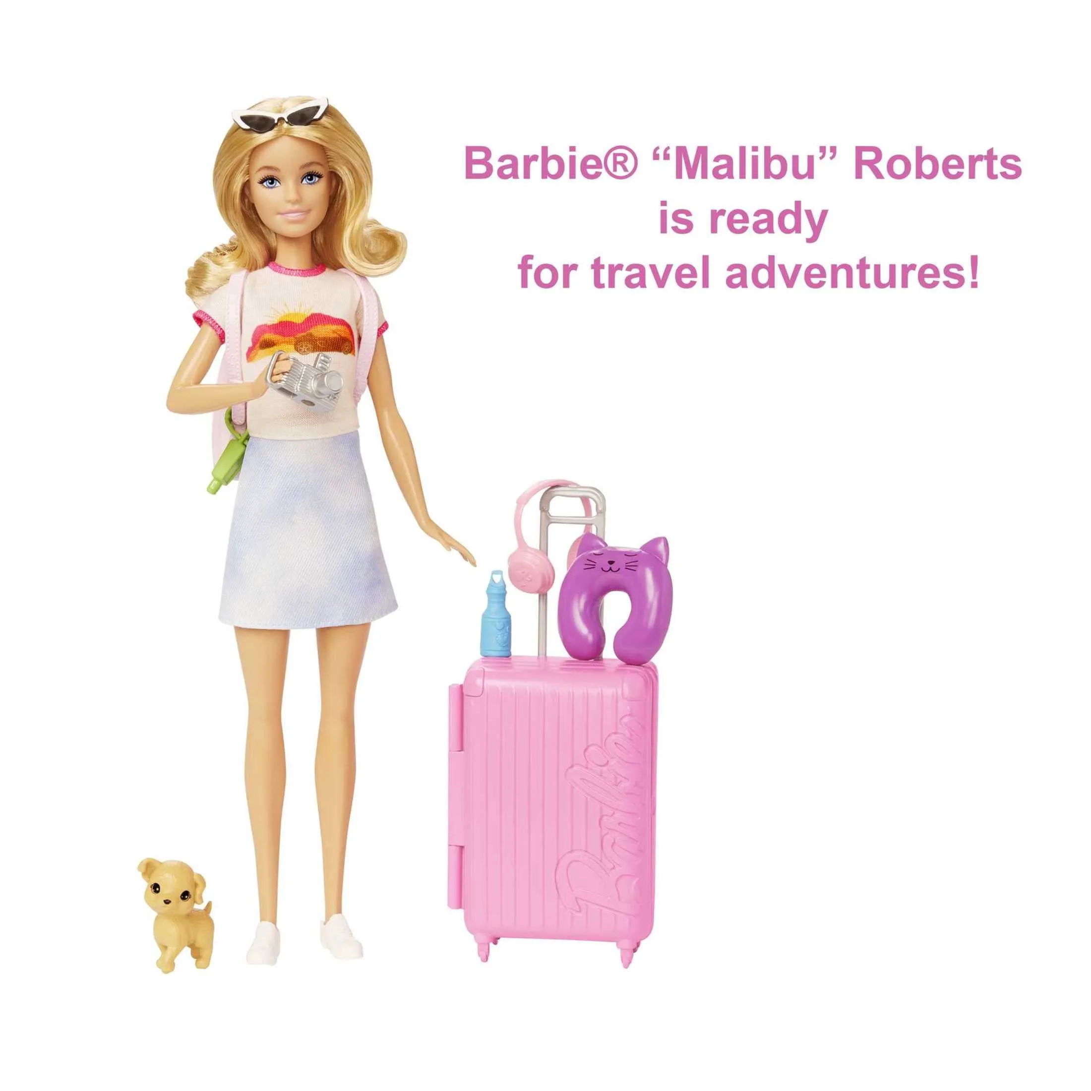 Barbie Doll and Accessories, 'Malibu' Travel Set with Puppy & Working Suitcase, 10 Pieces