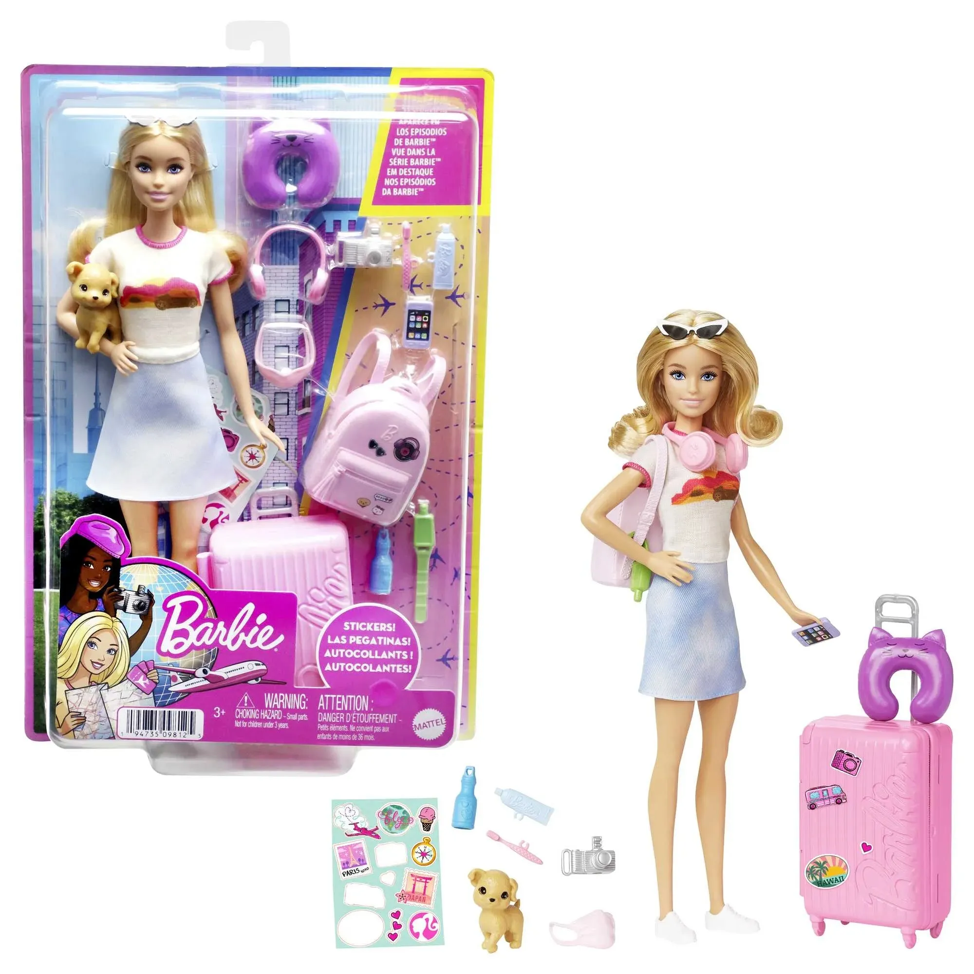 Barbie Doll and Accessories, 'Malibu' Travel Set with Puppy & Working Suitcase, 10 Pieces