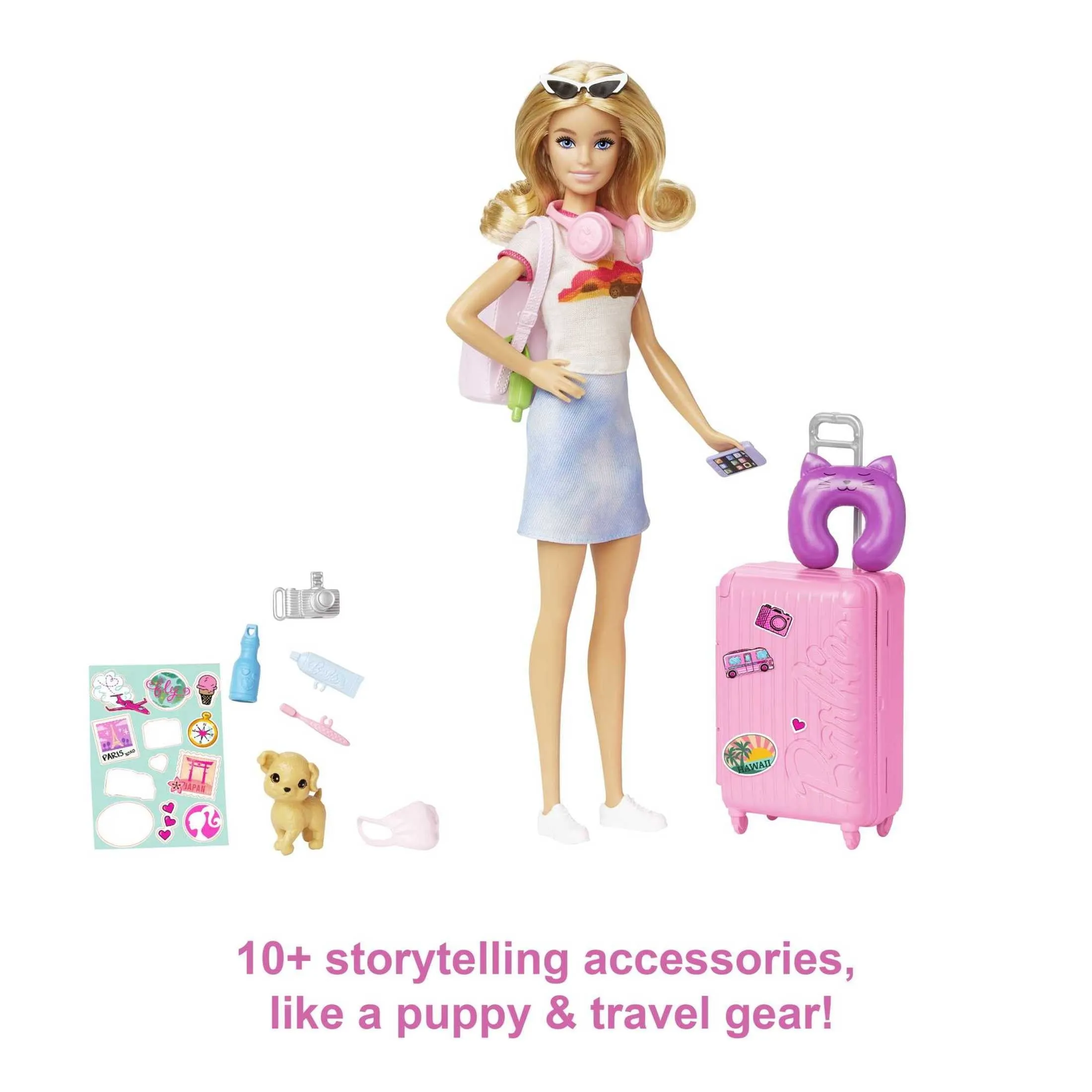 Barbie Doll and Accessories, 'Malibu' Travel Set with Puppy & Working Suitcase, 10 Pieces