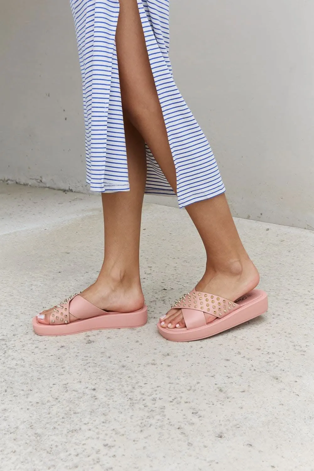 Blush studded cross strap sandals