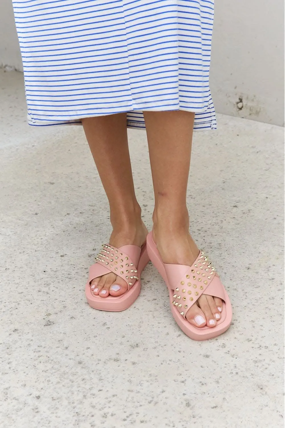 Blush studded cross strap sandals