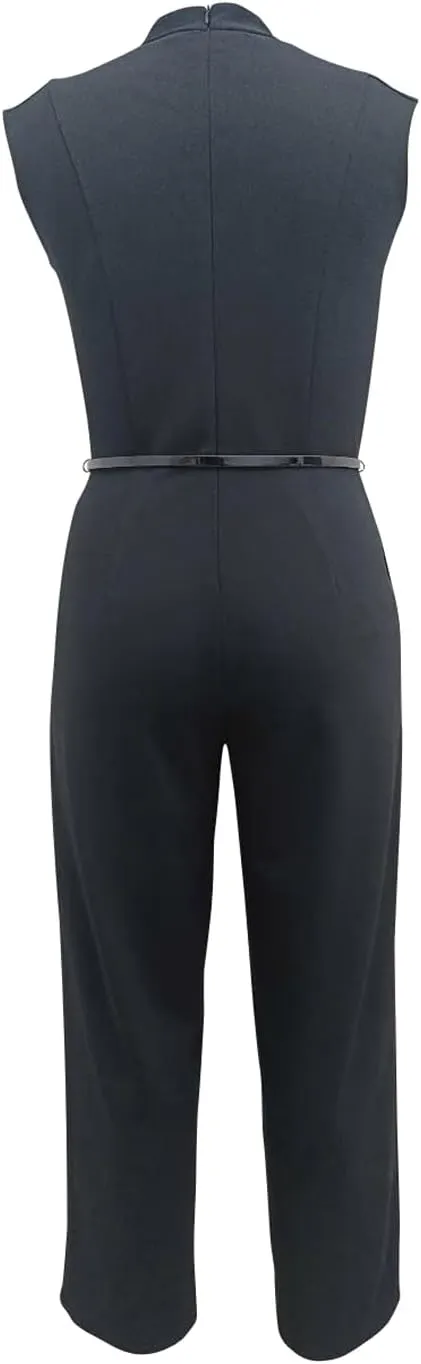 Chic wide shoulder rhinestone belt scuba jumpsuit