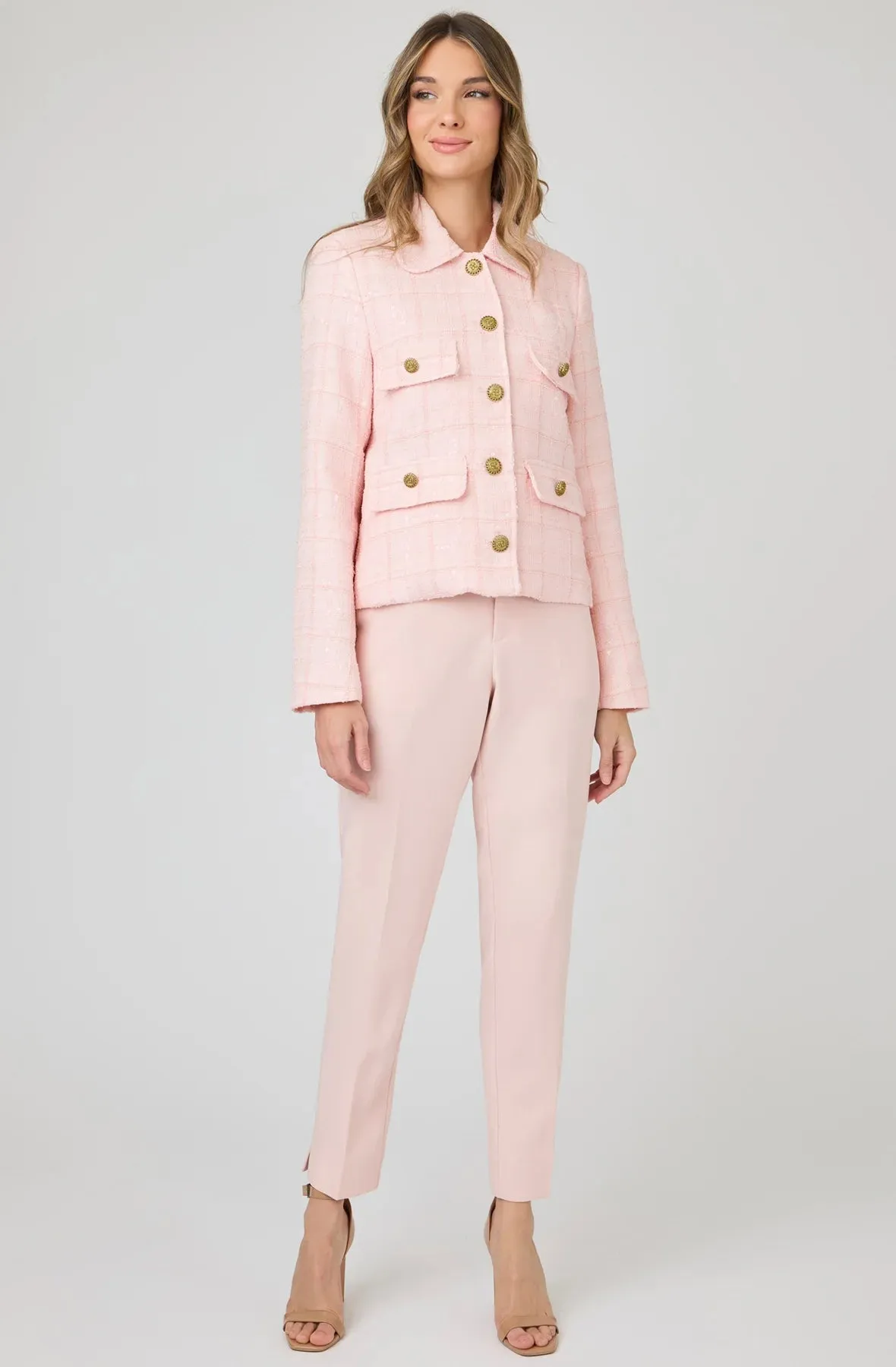Cropped Sequin Tweed Jacket with Gold Buttons