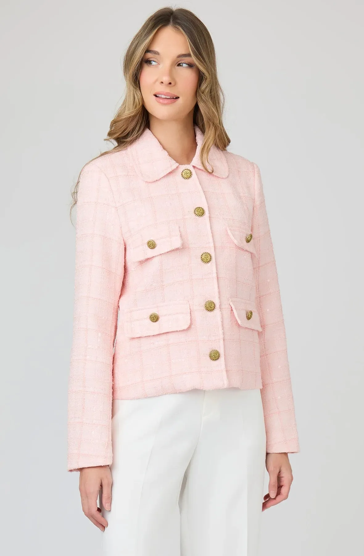 Cropped Sequin Tweed Jacket with Gold Buttons