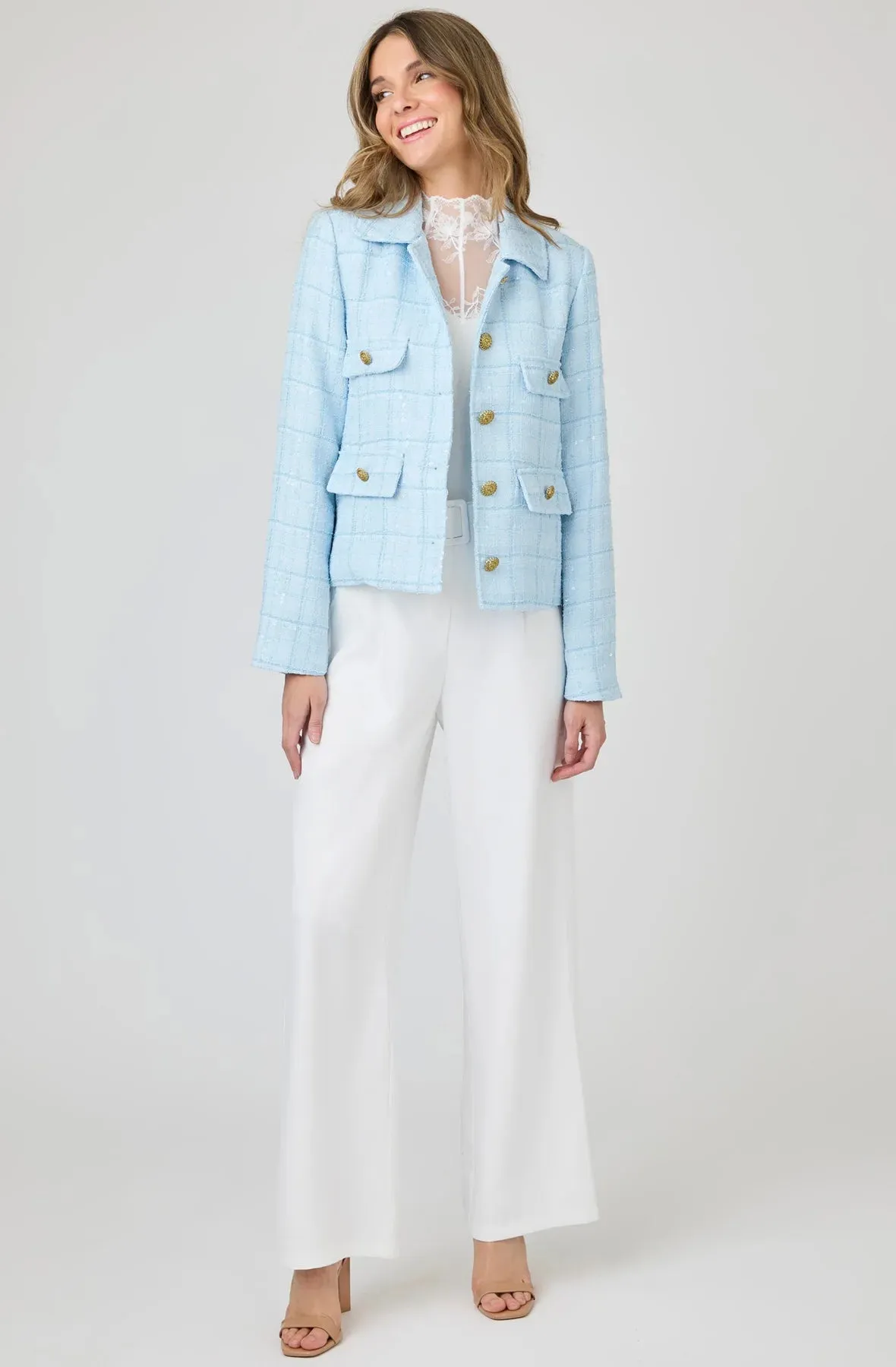 Cropped Sequin Tweed Jacket with Gold Buttons