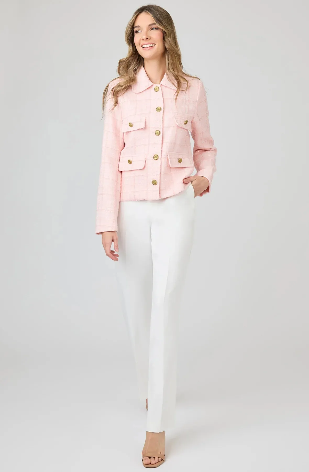 Cropped Sequin Tweed Jacket with Gold Buttons