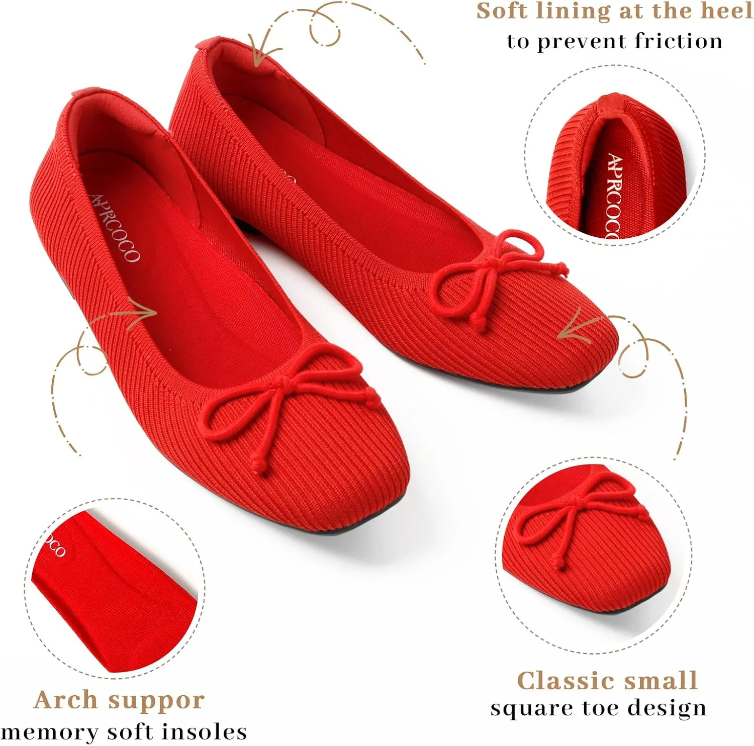 Flats for Women Bowknot Ballet Knit Foldable Flat Square Toe Comfort Light Shoes Office Low Top Flats