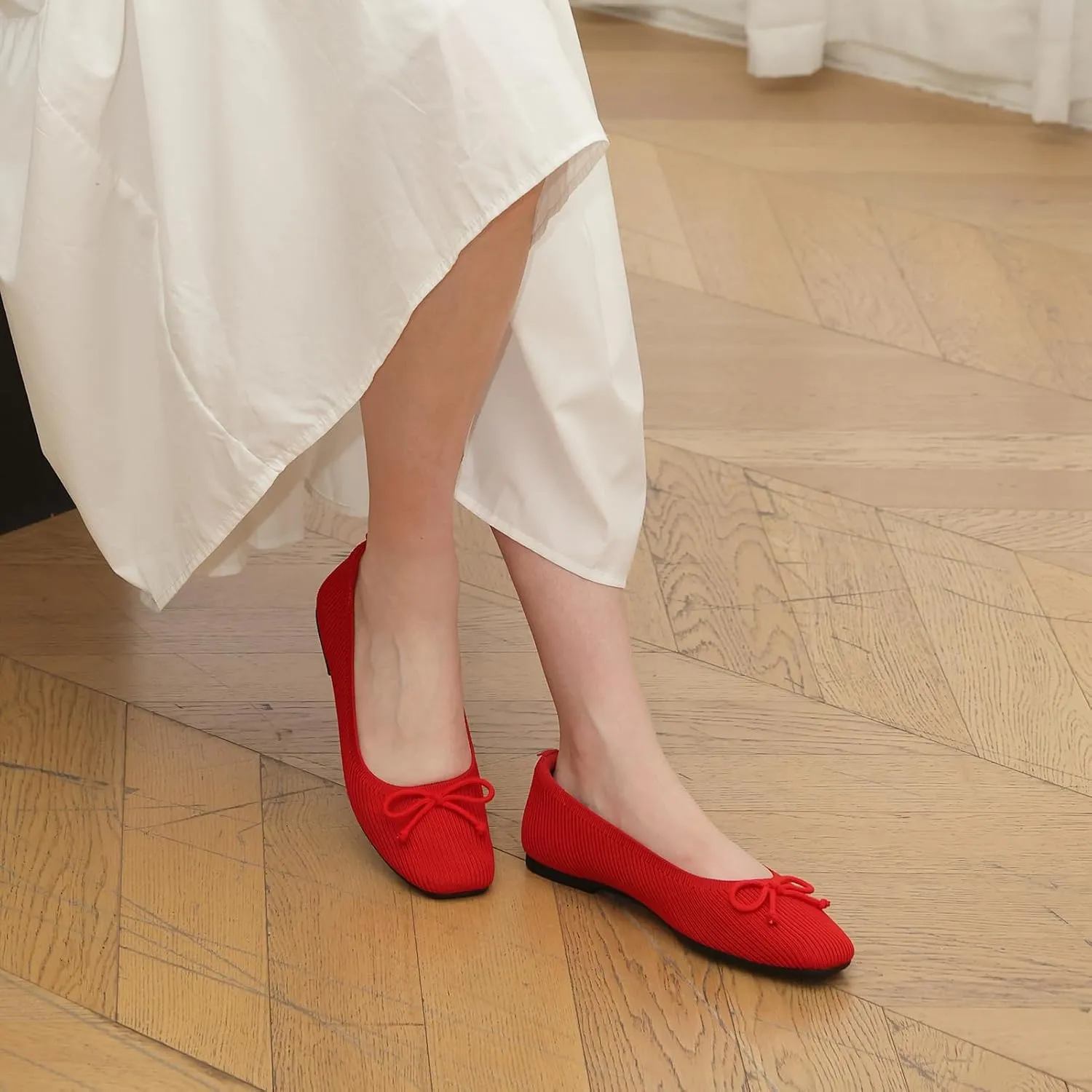 Flats for Women Bowknot Ballet Knit Foldable Flat Square Toe Comfort Light Shoes Office Low Top Flats