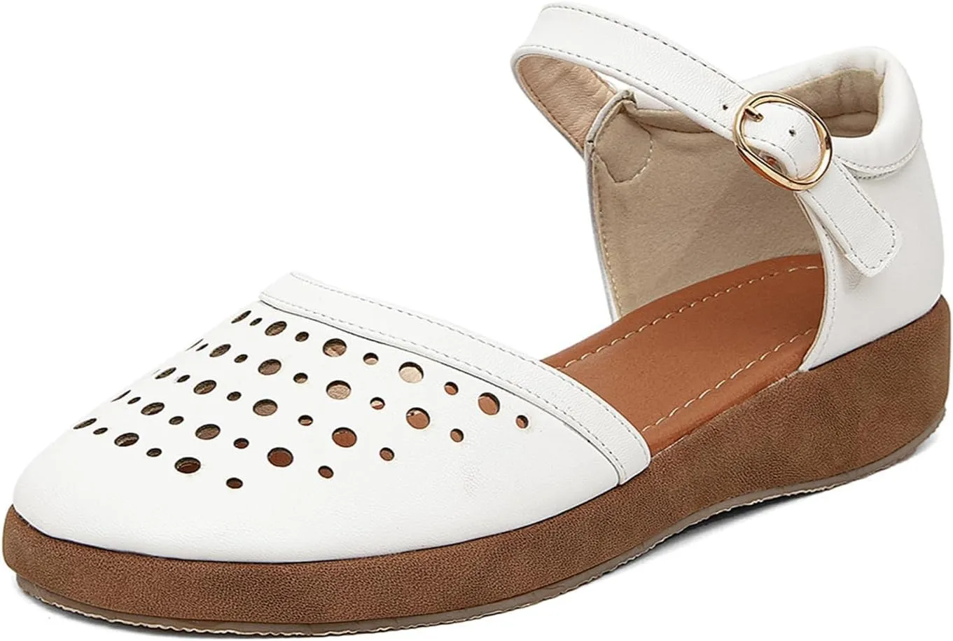 GATUXUS Women's Low Wedge Ankle Strap Buckle Flats Shoes Closed Toe Roman Cage Cusual Flat Sandals