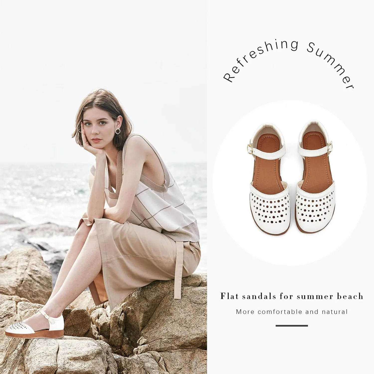 GATUXUS Women's Low Wedge Ankle Strap Buckle Flats Shoes Closed Toe Roman Cage Cusual Flat Sandals