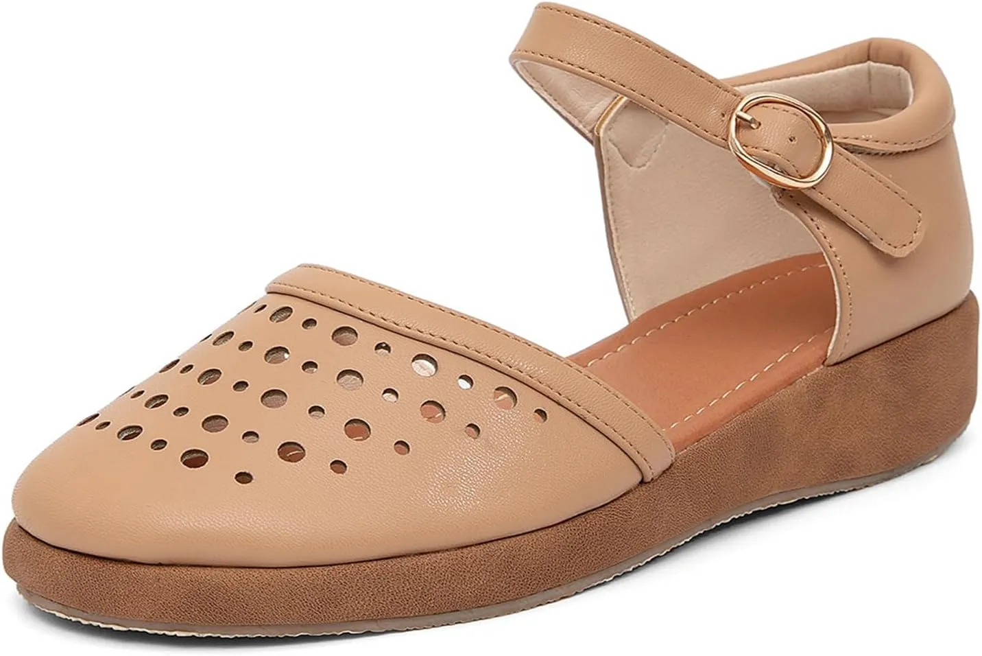 GATUXUS Women's Low Wedge Ankle Strap Buckle Flats Shoes Closed Toe Roman Cage Cusual Flat Sandals