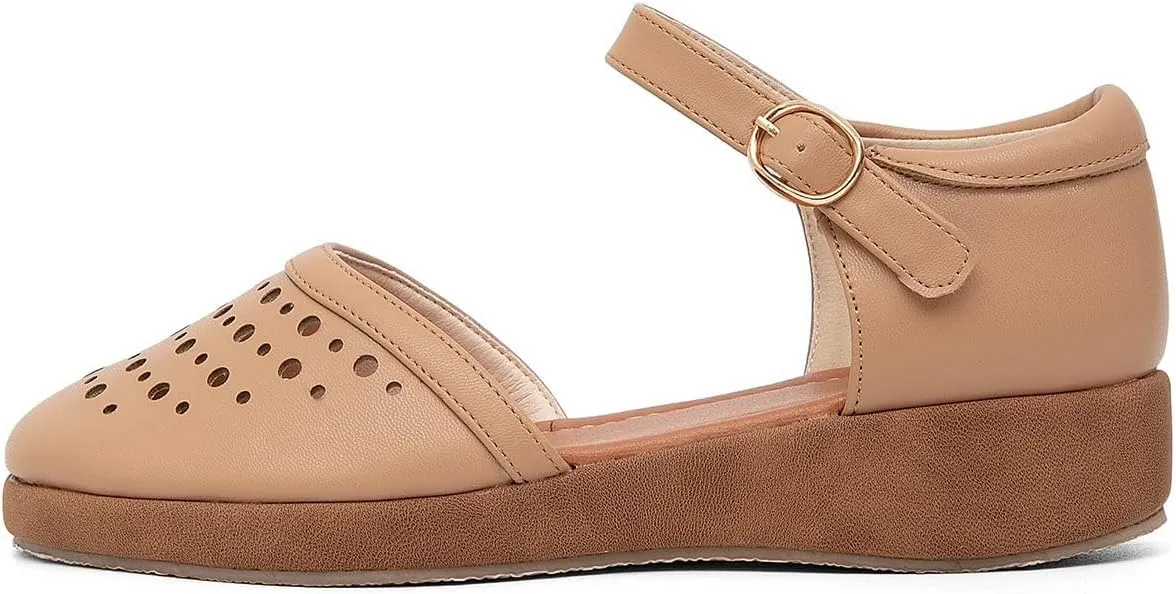 GATUXUS Women's Low Wedge Ankle Strap Buckle Flats Shoes Closed Toe Roman Cage Cusual Flat Sandals