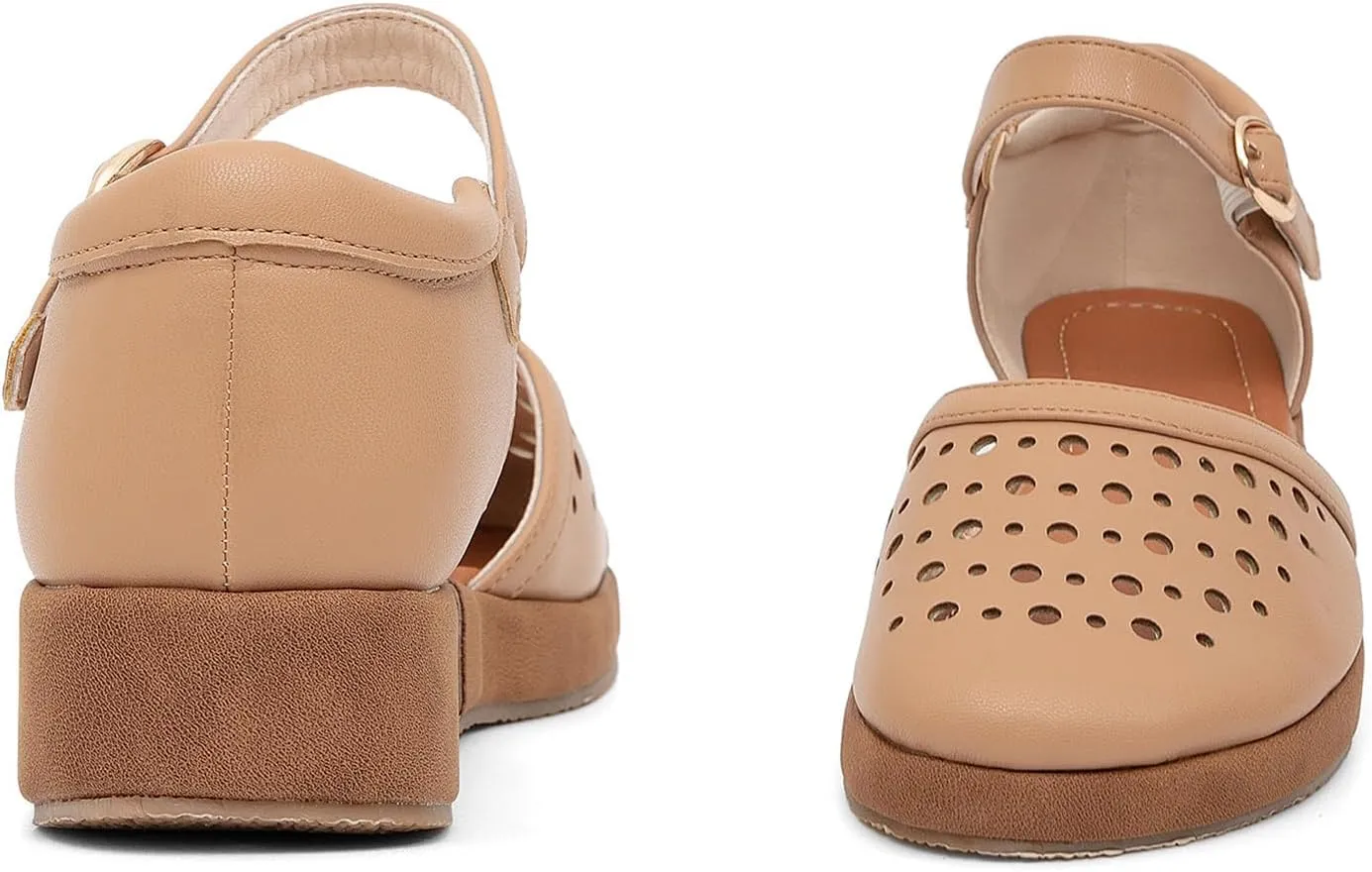 GATUXUS Women's Low Wedge Ankle Strap Buckle Flats Shoes Closed Toe Roman Cage Cusual Flat Sandals