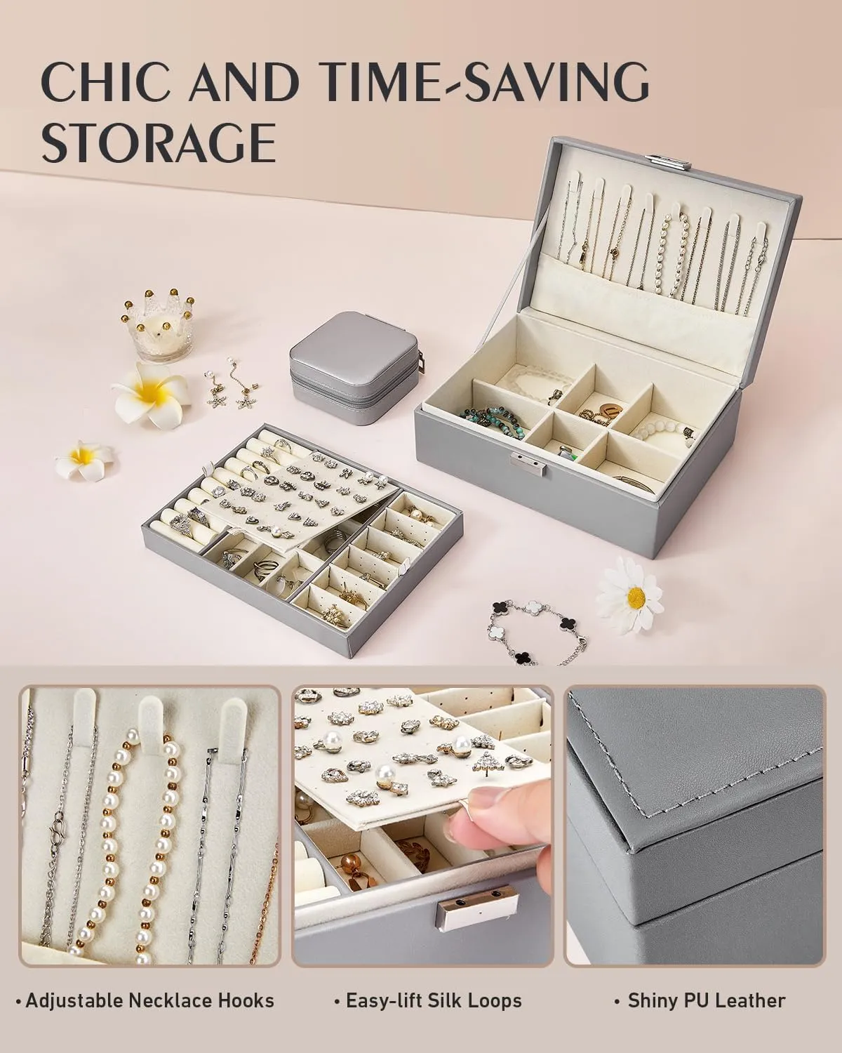 Jewelry Box Organizer for Women - 2 Layer Jewelry Organizer Set with Small Travel Jewelry Case for Girls Ring Earring Necklace Bracelet, PU Leather Jewelry Boxes with Removable Tray (Grey)
