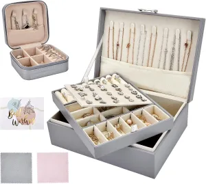 Jewelry Box Organizer for Women - 2 Layer Jewelry Organizer Set with Small Travel Jewelry Case for Girls Ring Earring Necklace Bracelet, PU Leather Jewelry Boxes with Removable Tray (Grey)