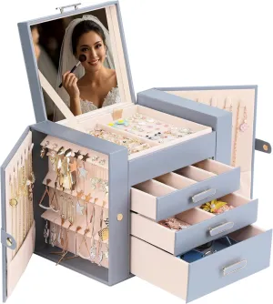Jewelry Boxes for Women, 4 Layer Jewelry Organizer with 2 Doors for Necklaces Hanging and 2 Closet for Earrings Hanging, Large Jewelry Box with Mirror (Grey)