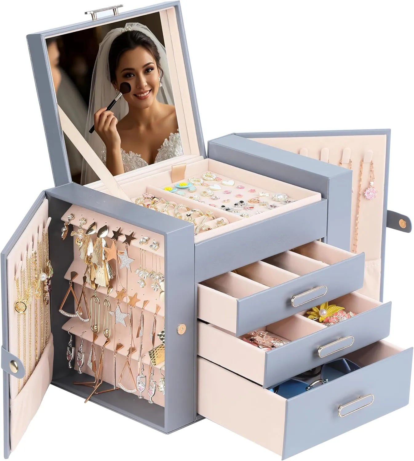 Jewelry Boxes for Women, 4 Layer Jewelry Organizer with 2 Doors for Necklaces Hanging and 2 Closet for Earrings Hanging, Large Jewelry Box with Mirror (Grey)