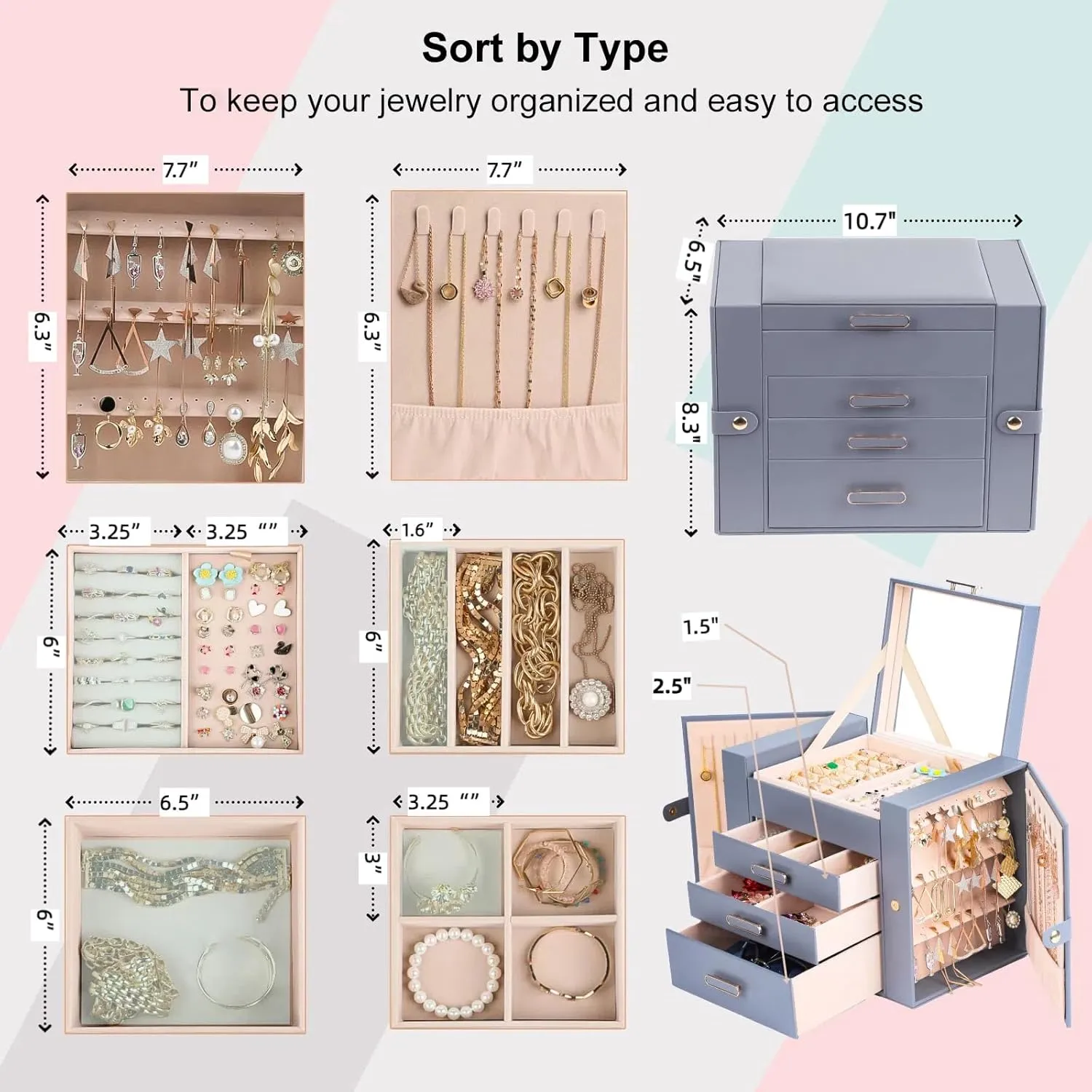 Jewelry Boxes for Women, 4 Layer Jewelry Organizer with 2 Doors for Necklaces Hanging and 2 Closet for Earrings Hanging, Large Jewelry Box with Mirror (Grey)