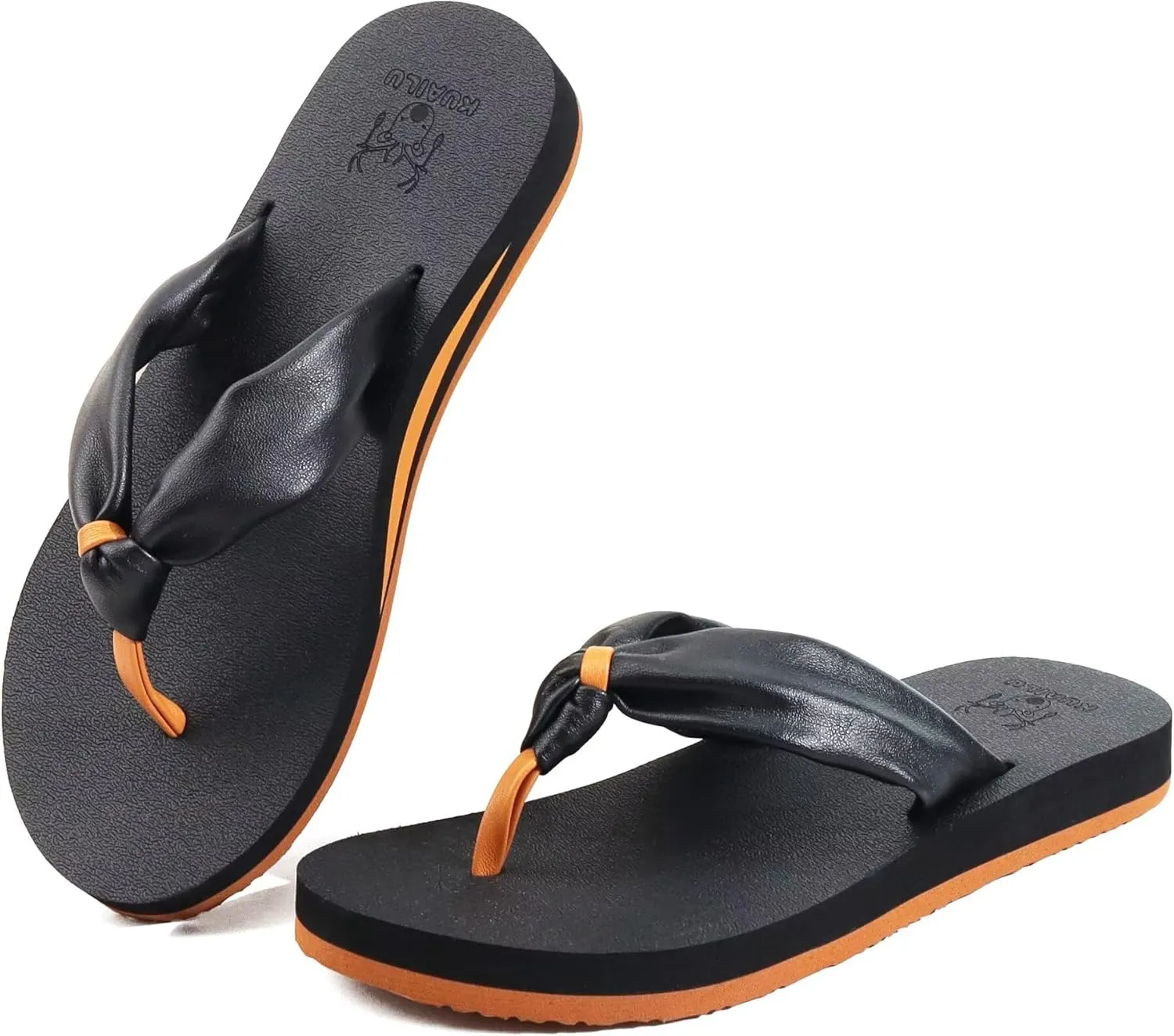 KuaiLu Womens Flip Flops With Arch Support Comfortable Yoga Mat Cushion Thong Leather Sandals for Ladies Fashion Slip On Summer Beach Walking Slides Indoor Outdoor Travel Orthotic Slippers