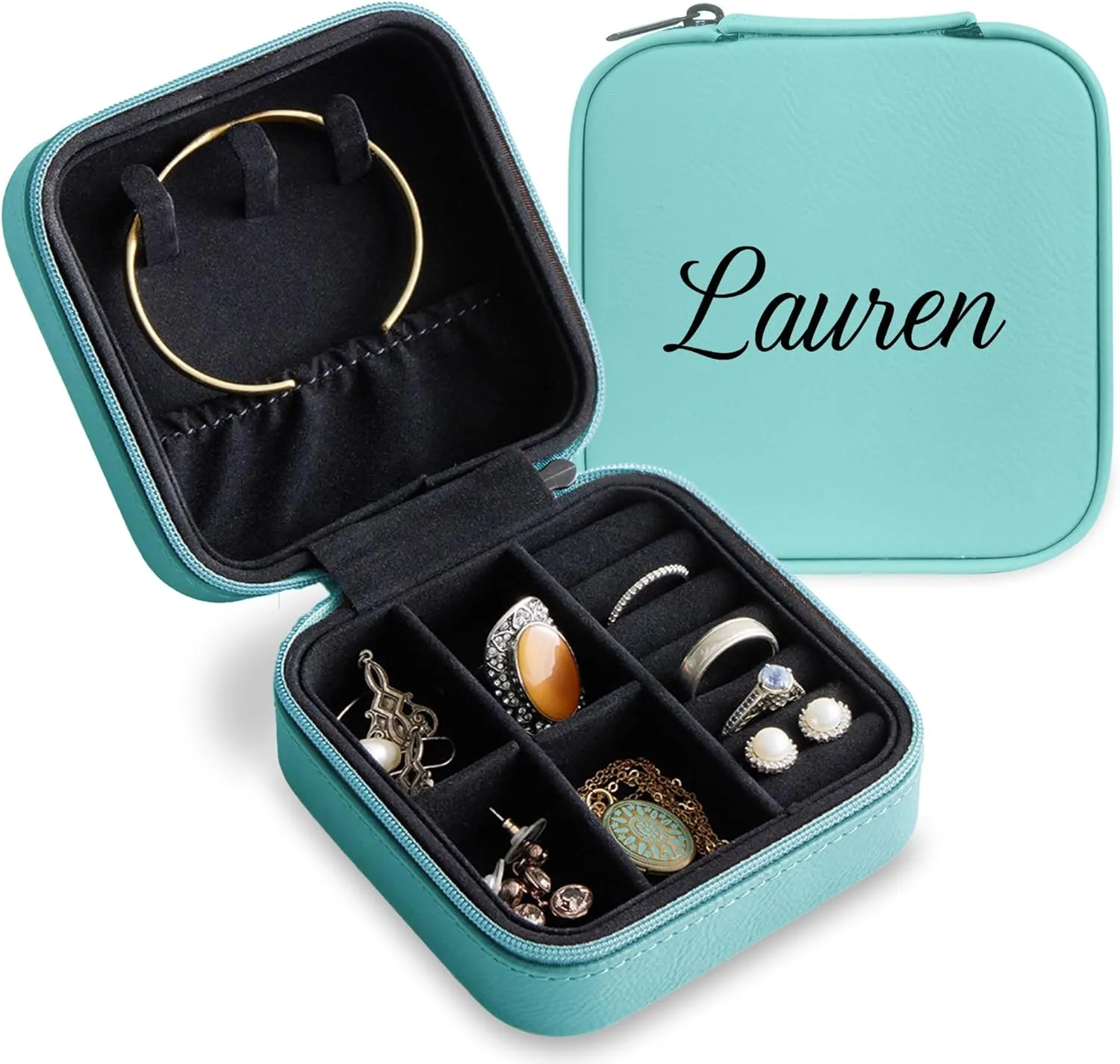 Lifetime Creations Personalized Travel Jewelry Box - Custom Vegan Leather Small Case Organizer with Name for Necklaces, Bracelets, Birthday Gifts for Women, Mom, Girls - Mint