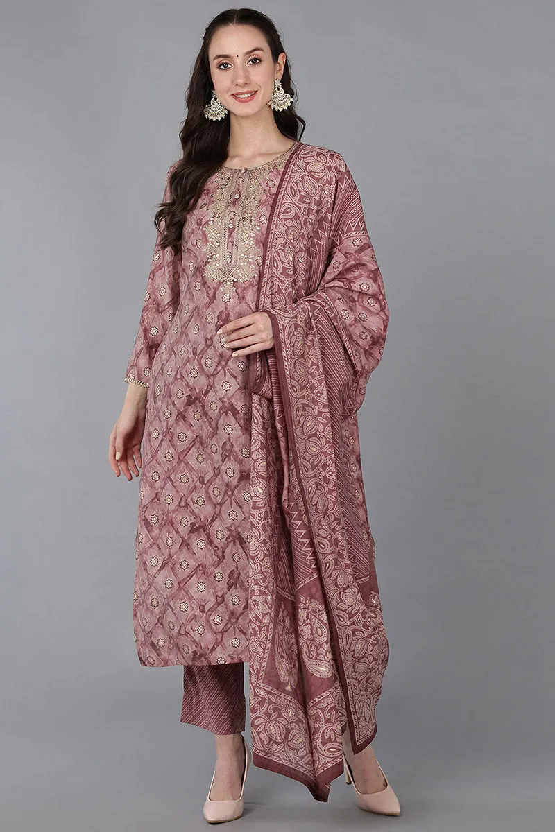 Mauve Silk Blend Ombre Straight Kurta Trousers With Dupatta