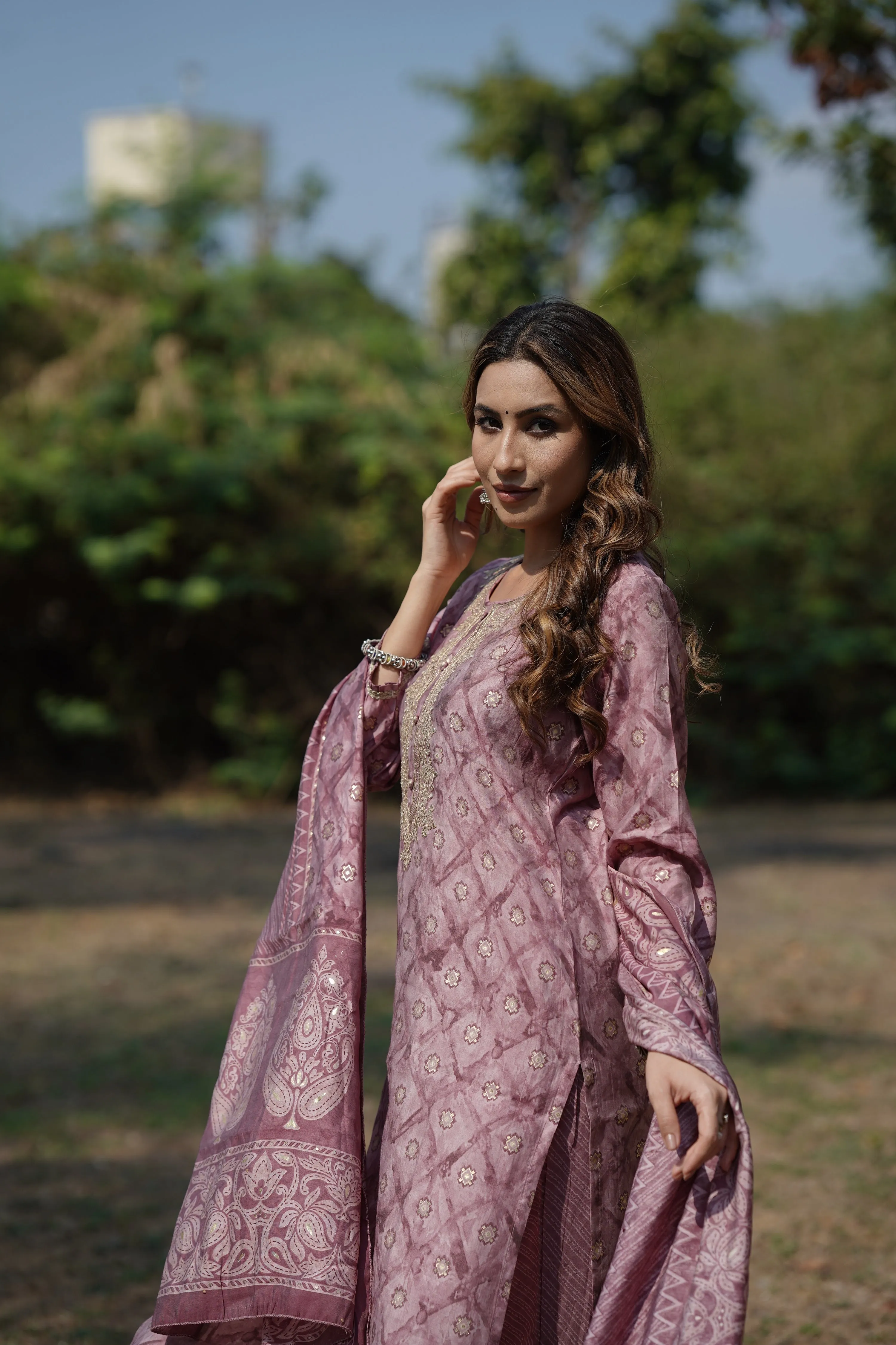 Mauve Silk Blend Ombre Straight Kurta Trousers With Dupatta