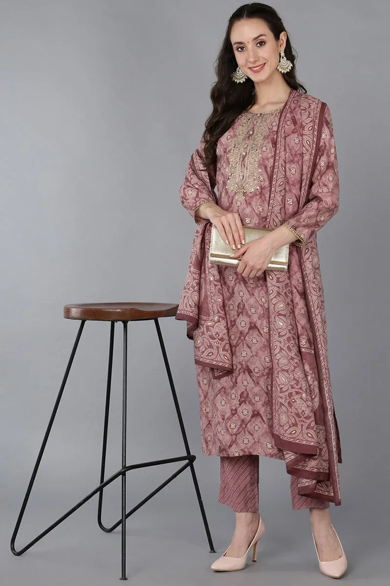 Mauve Silk Blend Ombre Straight Kurta Trousers With Dupatta
