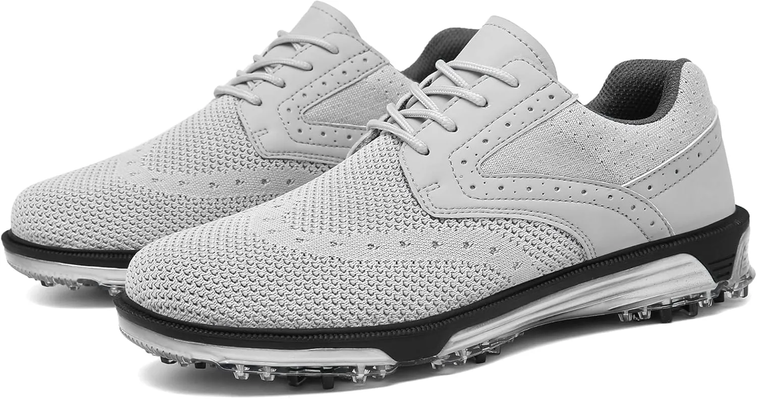 MoThaF Men's Golf Shoes Non-Slip Water-Resistant Professional Lightweight Men Spikes Golf Sneakers Male Outdoor Grey, 8.5