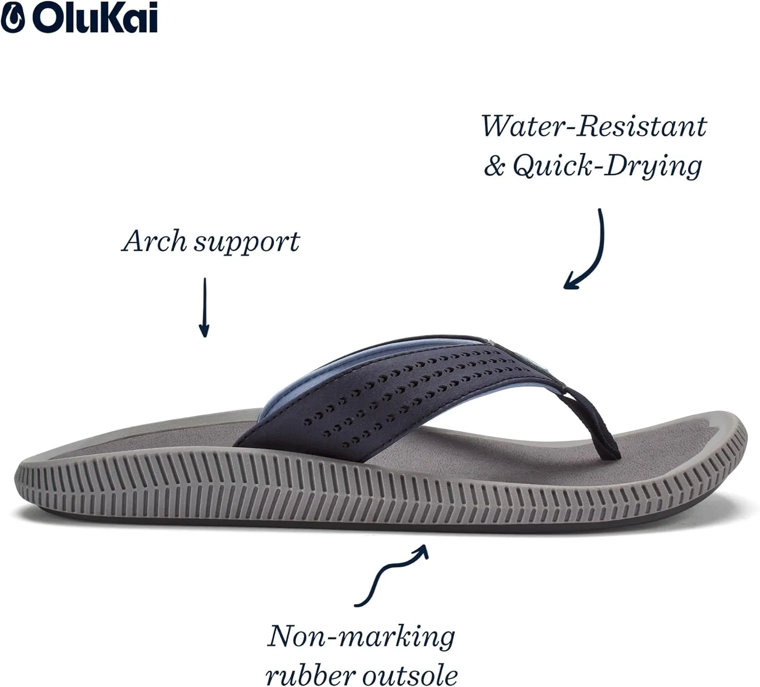 OLUKAI Ulele Men's Beach Sandals, Water Resistant Flip Flops, Arch Support & Comfort Fit, Lightweight & Durable, Enhanced Grip & Traction