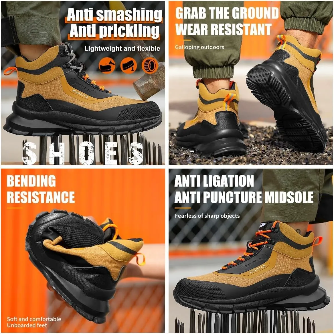 Steel Toe Shoes for Men Lightweight Water Resistant Work Boots Breathable Non-slip Safety Shoes Fashion Hiking Shoes