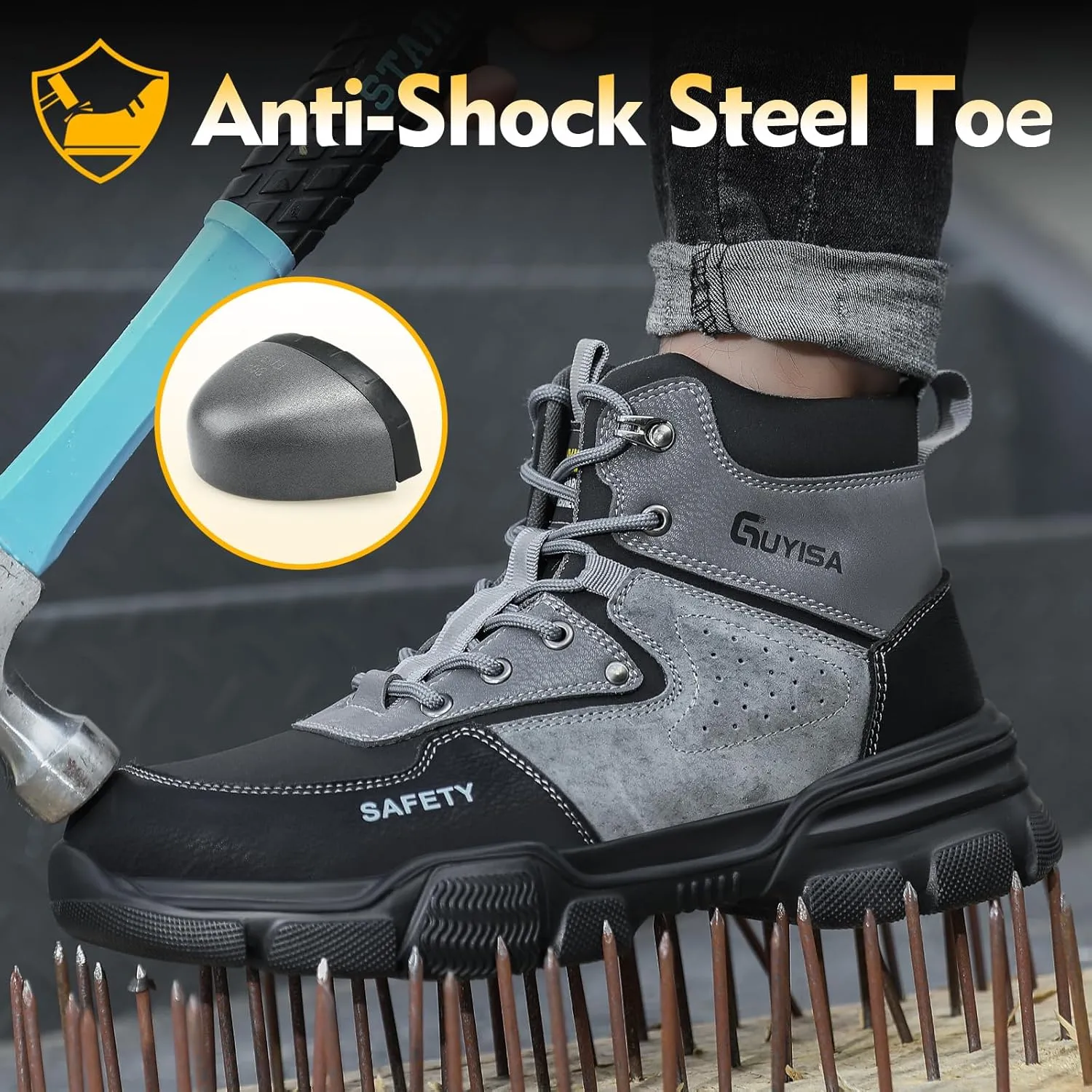 Steel Toe Work Boots for Men - Comfortable Lightweight Safety Shoes for Industry, Construction - Indestructible Fashionable Boots