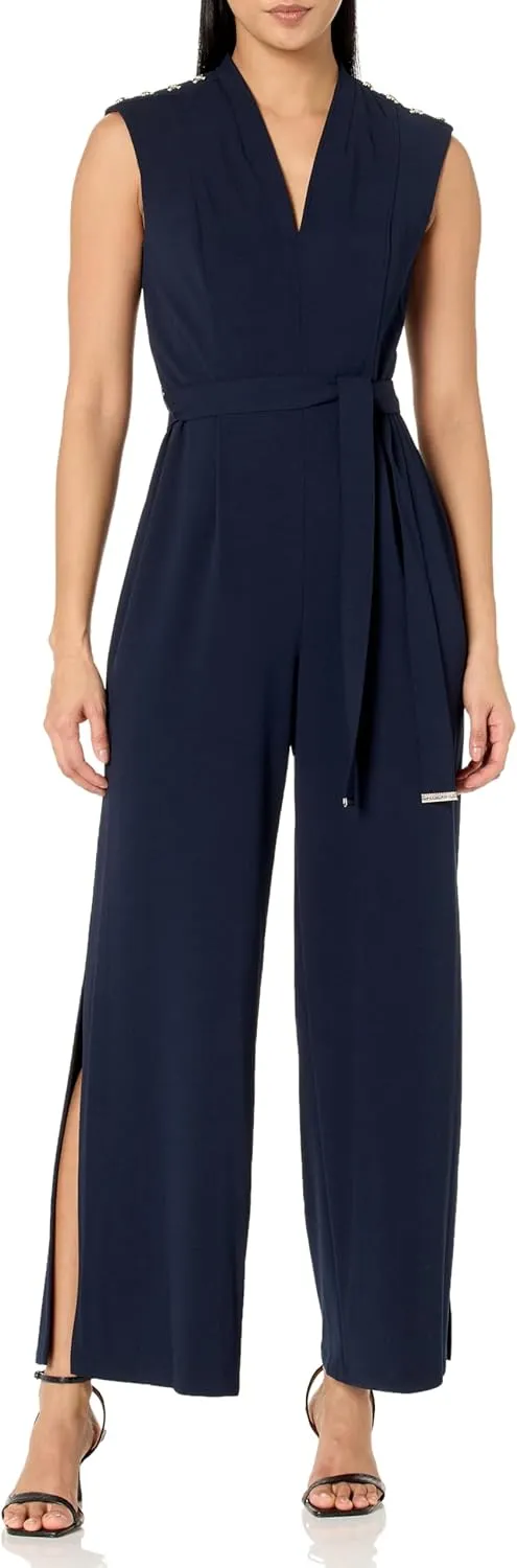 Tommy Hilfiger Women's Scuba Crepe Fabric Self-tie Belt V-neckline Dress