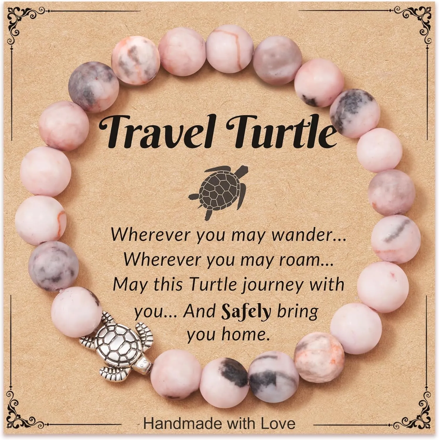 Turtle Gifts for Women - Pink Zebra/Turquoise Stone Turtle Charm Bracelet