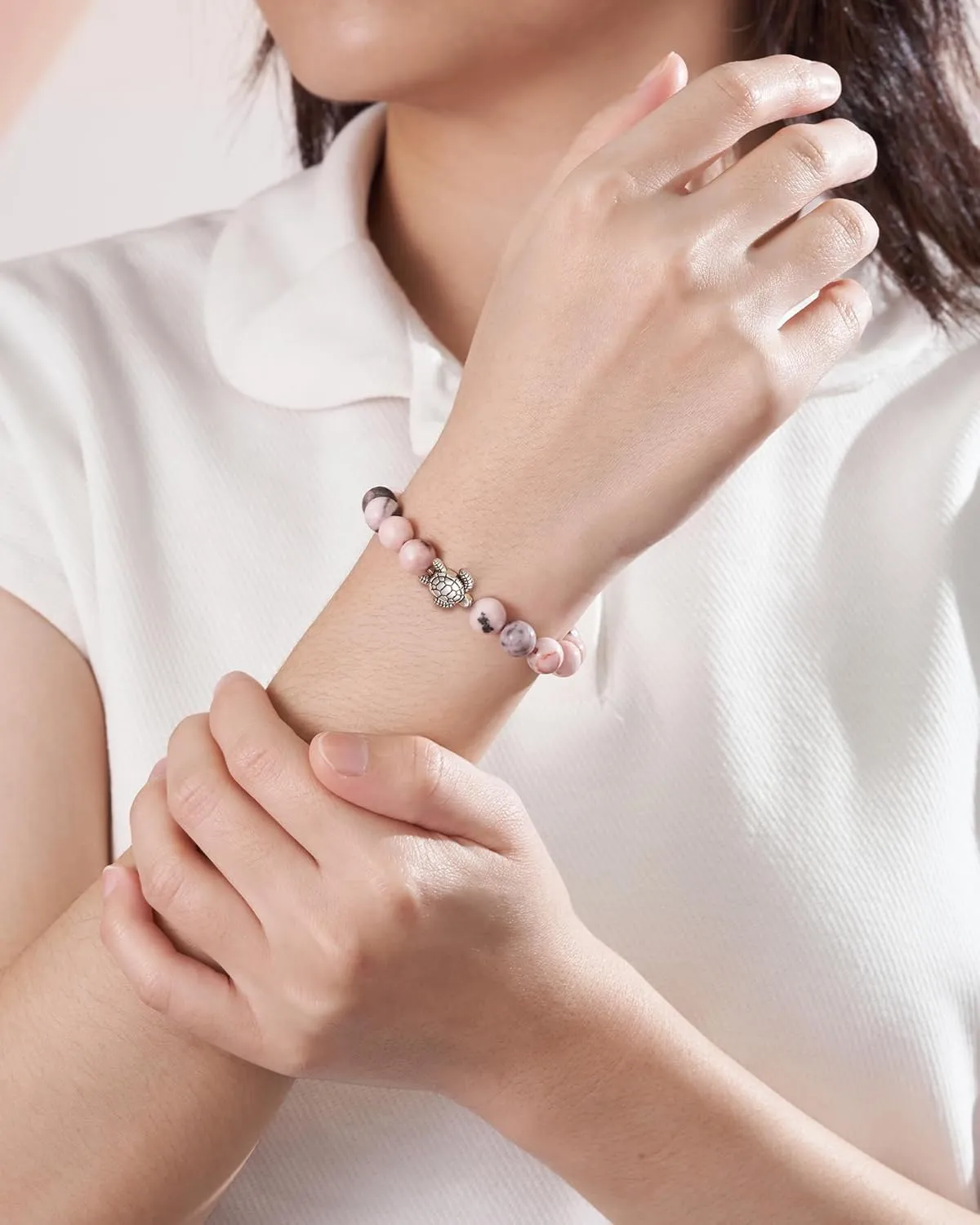 Turtle Gifts for Women - Pink Zebra/Turquoise Stone Turtle Charm Bracelet