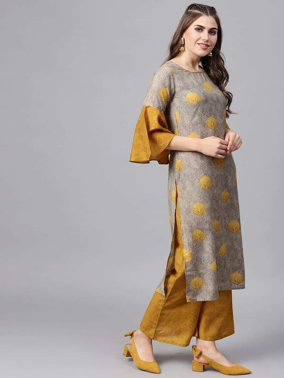 Women Grey & Mustard Printed Kurta Set
