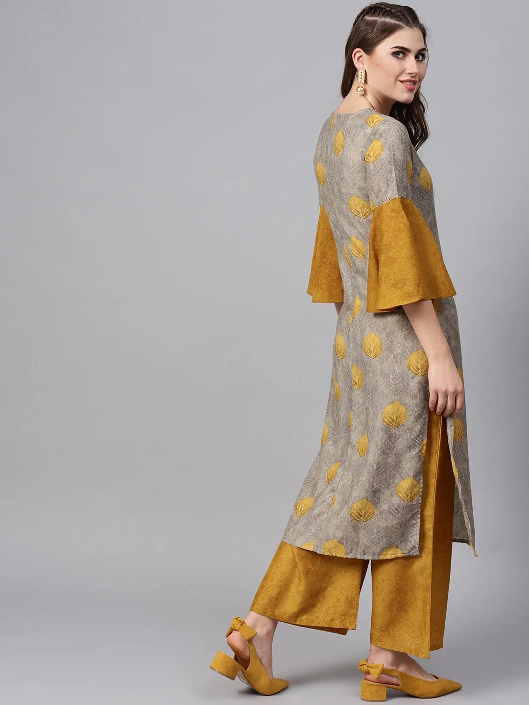 Women Grey & Mustard Printed Kurta Set