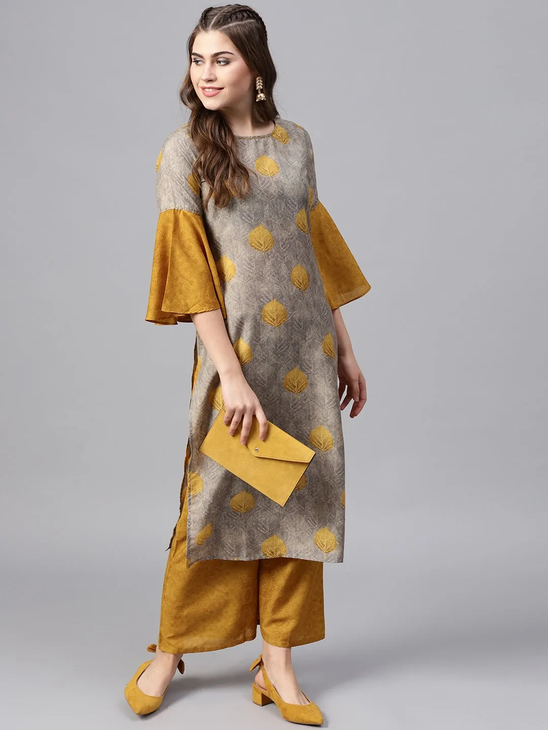 Women Grey & Mustard Printed Kurta Set