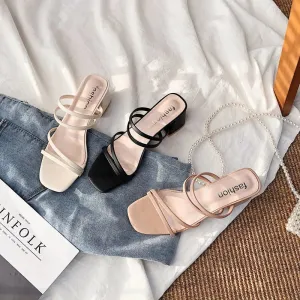 Women Sandals Ladies Square Heels Elegant Summer Slippers Outside Cross Tied Leather Female Slides Fashion Woman Sandals